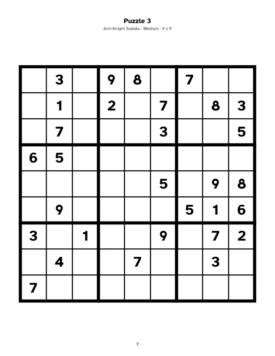 Anti-Knight Sudoku page from a US Letter book made in Gridbinder, Medium level