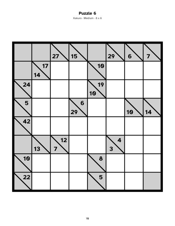 Kakuro page from a US Letter book made in Gridbinder, Medium level