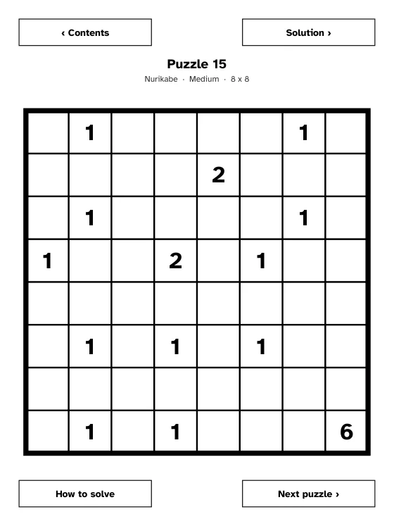 An e-ink tablet page with a Nurikabe puzzle and tap buttons for Contents and Solution