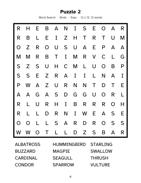 Large print word search page: a 12 by 12 letter grid about birds with the word list in large type below