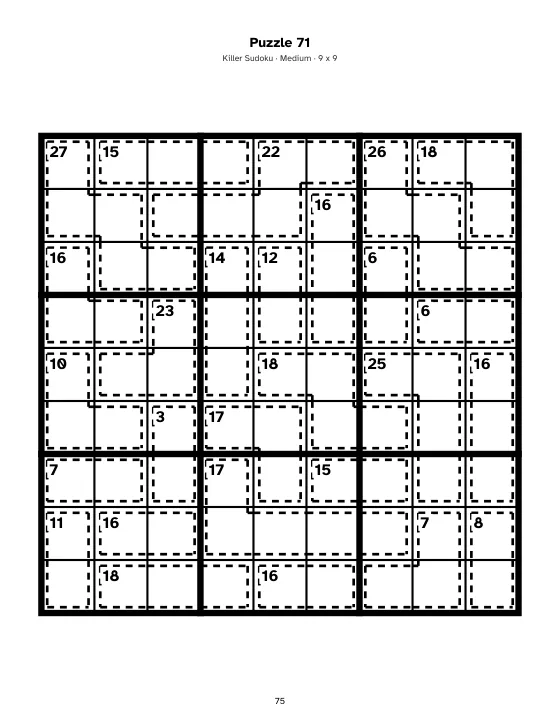 A Killer Sudoku page with dotted cages and totals