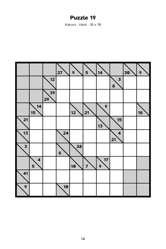 A Kakuro puzzle on a 6 x 9 inch page: a grid with grey clue cells split diagonally, each holding small sum numbers