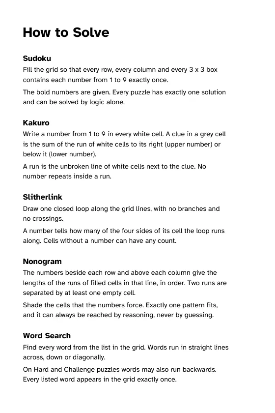 A How to Solve page from a 6 x 9 inch puzzle book with short rules for Sudoku, Kakuro, Slitherlink, Nonogram and Word Search