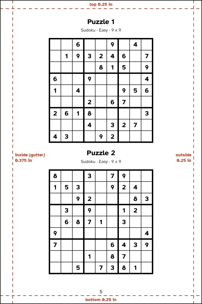 A 6 x 9 inch Sudoku page with two grids and dashed lines showing the KDP minimum margins: inside 0.375 inch, outside, top and bottom 0.25 inch