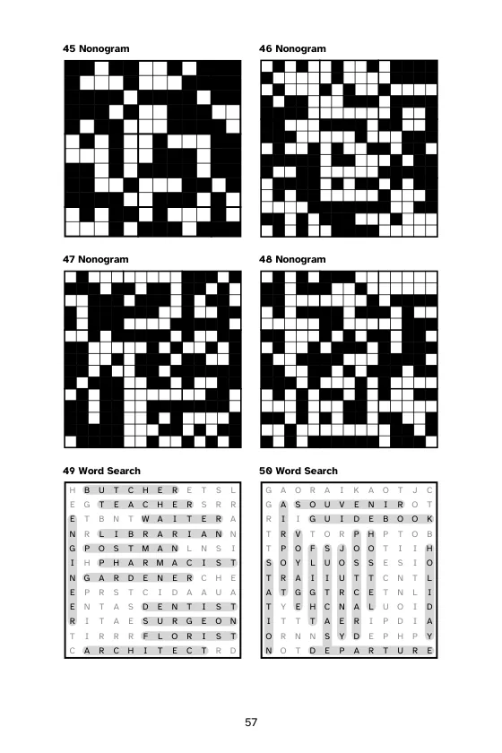 An answer key page from a 6 x 9 inch book with four Nonogram solutions and two word search solutions, each labelled with its puzzle number