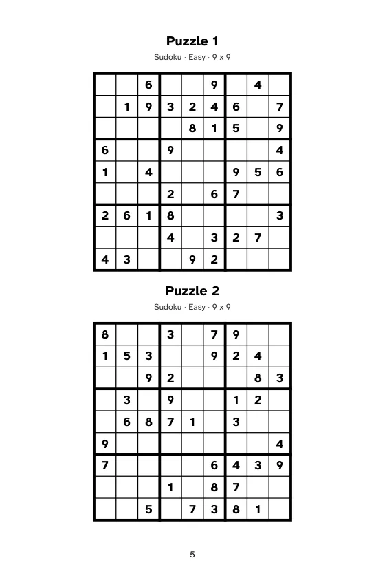 A 6 x 9 inch page with two 9 by 9 Sudoku grids stacked vertically