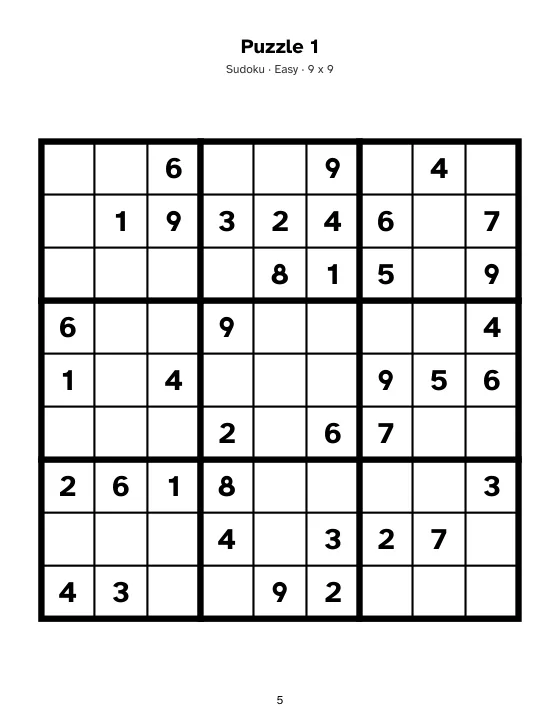 Large print Sudoku page on US Letter: one 9 by 9 grid filling the page width, large bold digits