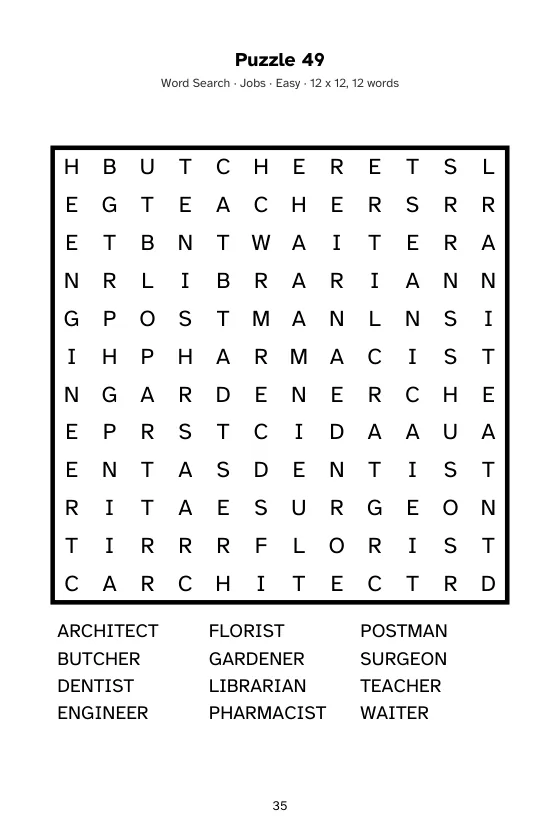 A 6 x 9 inch word search page with a letter grid about jobs and the word list in three columns below
