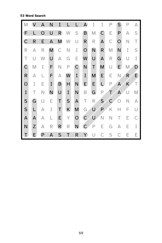 A word search solution page with each found word highlighted by a rounded band and the other letters in light grey